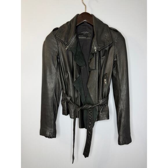 AllSaints Spitalfields Y2K Jacks Place Leather Moto Belted Black Jacket Sz 8 S - Picture 1 of 16